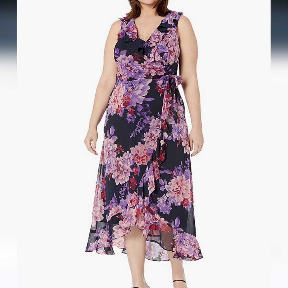 London Times Dark Floral Ruffled Midi Dress. Wedding Guest, Garden Party - Picture 14 of 14